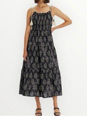 Anthropologie Moon River M Sundress A-line Tiered Midi Dress Tassel Tie floral